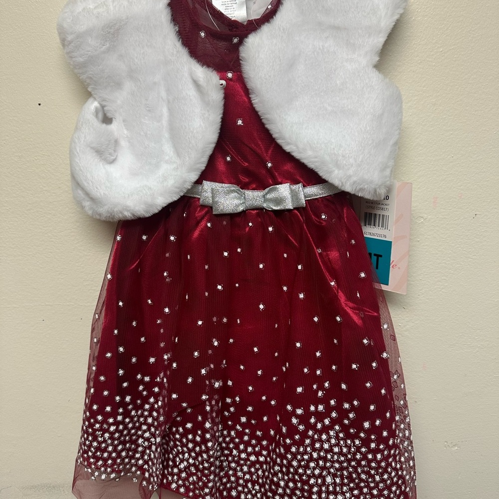 Jona Michelle Red Dress with White Faux Fur Vest